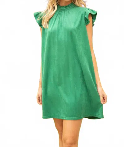 Voy Walk On Water Ruffle Sleeve Dress In Green Suede