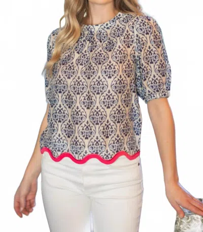 Voy Wavy Contrast Hemline Short Sleeve Printed Top In Blue Patterned In Multi