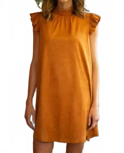 Voy Willa Suede Ruffle Sleeve Dress In Camel In Gold