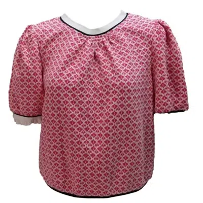 Voy Women's Deanna Contrast Collar Ruffle Printed Top In Pink/white In Multi