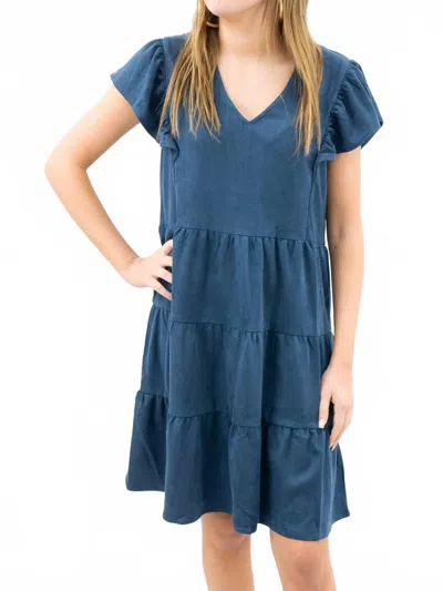 Voy Women's Faux Suede Ruffle Sleeve Dress In Navy In Blue