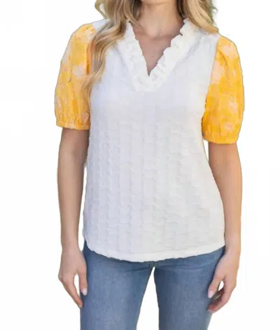 Voy Women's Floral Burn Out Organza Puff Sleeve Top In Yellow In White