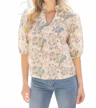 Voy Women's Floral Eyelet Half Puff Sleeve Top In Taupe In Multi