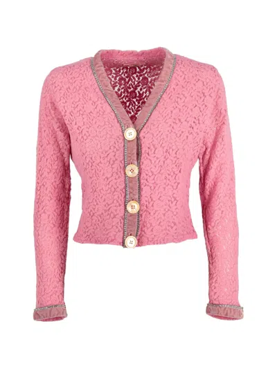 Pre-owned Voyage Et Cie Floral-pattern Cropped Cardigan In Pink