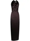 Voz Convertible Halterneck Satin Maxi Dress In Brown