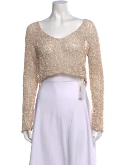 Pre-owned Voz V-neck Long Sleeve Crop Top In Neutrals
