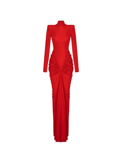 V:pm Atelier Adwa Padded-shoulder Ruched Maxi Dress In Red