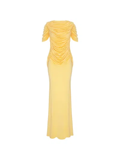 V:pm Atelier Canary Ruched Draped Maxi Dress In Yellow