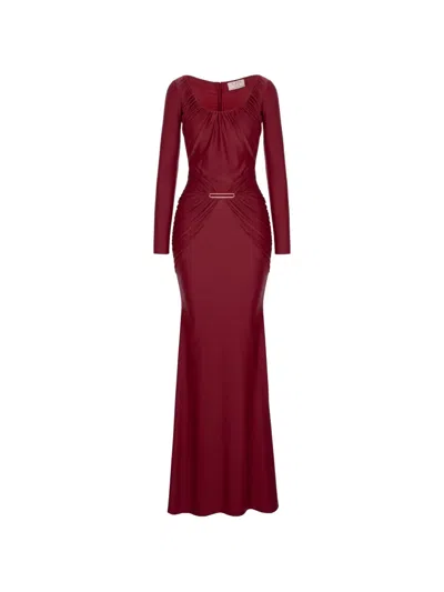 V:pm Atelier Delia Gathered-details Maxi Dress In Burgundy