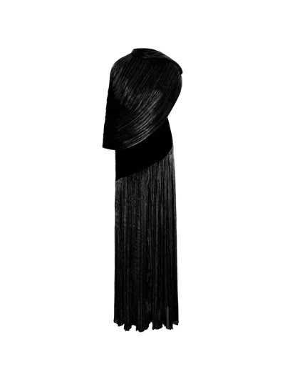 V:pm Atelier Dusty Pleated Cape Maxi Dress In Black
