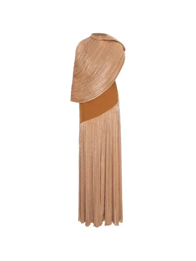 V:pm Atelier Dusty Pleated Cape-effect Maxi Dress In Brown