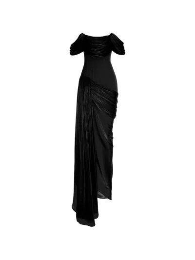 V:pm Atelier Fatima Draped Off-the-shoulder Maxi Dress In Black
