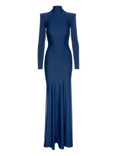 V:pm Atelier Irma High-neck Padded-shoulder Maxi Dress In Blue