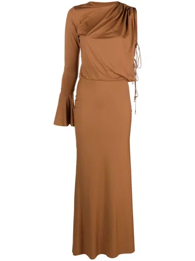 V:pm Atelier Liv Asymmetric-sleeves Dress In Brown