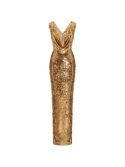 V:pm Atelier Moore Sequin-embellished Cowl-neck Maxi Dress In Gold
