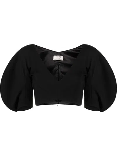 V:pm Atelier Swirl Puff-sleeve Crop Top In Black