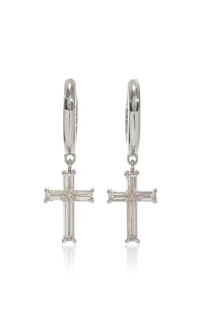 Vrai Petite Cross 14k White Gold Diamond Huggie Earrings In Metallic