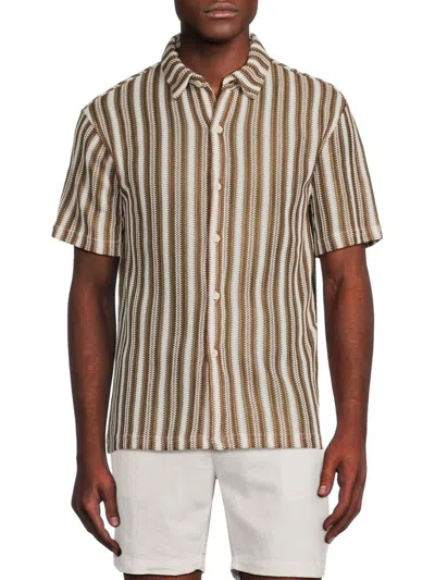 Vstr Premium Men's Striped Crochet Short Sleeve Shirt In Brown