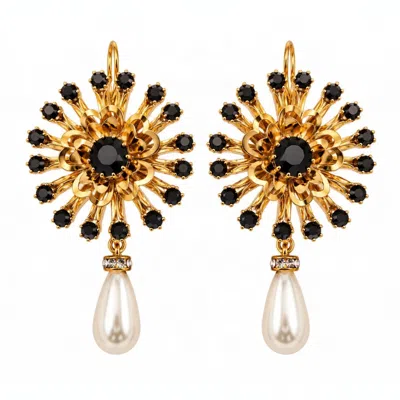 Vstyle Women's Black / Gold Black Crystal Sunburst & Pearl Drop Earrings In Black/gold