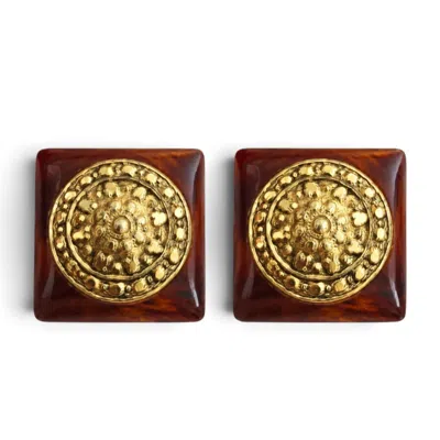 Vstyle Women's Brown Vintage Italian Tortoiseshell Resin Medallion Clip-on Earrings
