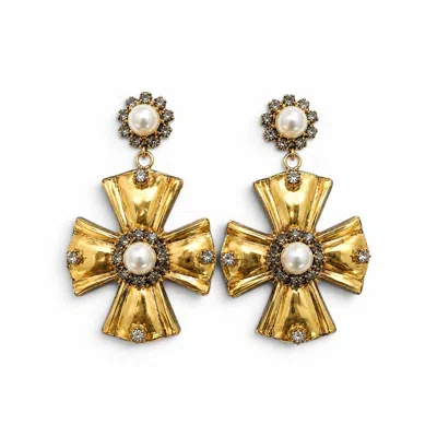 Vstyle Women's Gold Baroque Pearl Cross Earrings
