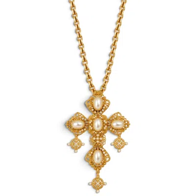 Vstyle Women's Gold Ornate Pearl Cross Statement Necklace