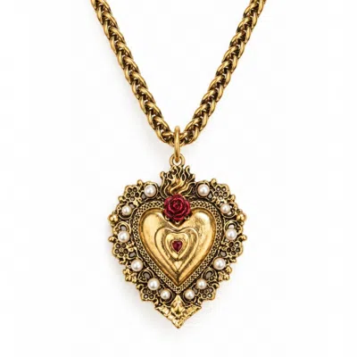 Vstyle Women's Gold / Red Sacred Heart Red Rose Pearl Necklace In Gold/red
