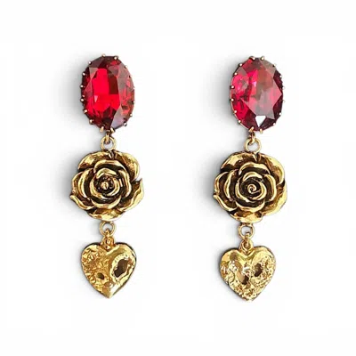 Vstyle Women's Gold Ruby Rose Heart Earrings