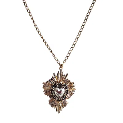 Vstyle Women's Gold Sacred Heart Statement Necklace – Black Crystal & Silver Heart