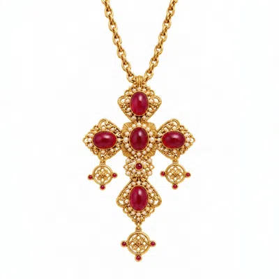 Vstyle Women's Ornate Ruby Red Cross Necklace In Gold