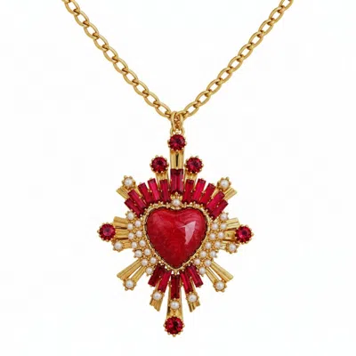 Vstyle Women's Red / Gold Crowned Sacred Heart Statement Necklace In Red/gold