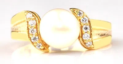 Pre-owned Vt Gems 14kt Gold / 2.45ct Round Shape Natural Freshwater Pearl With White Accents Ring