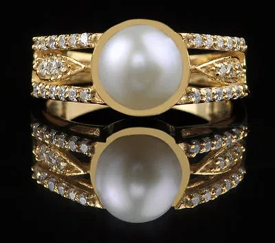 Pre-owned Vt Gems 2.47ct Round Shape Natural Freshwater Pearl With White Diamond Ring In 14kt Gold