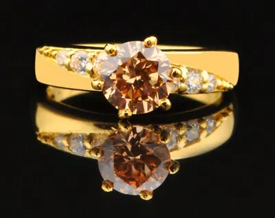 Pre-owned Vt Gems 2.50ct Round Shape White & Champagne Solitaire Wedding Ring In 14kt Yellow Gold
