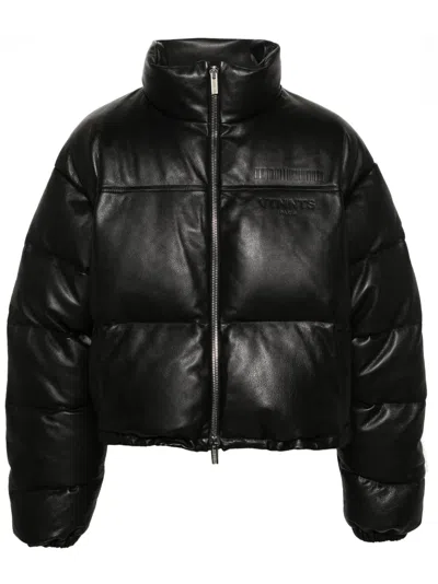 Vtmnts Debossed-logo Leather Puffer Jacket In Black