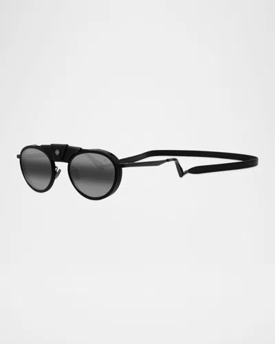 Vuarnet Men's Glacier 01 Titanium Round Sunglasses With Side Shields And Cord In Shiny Black Smoke Mirror