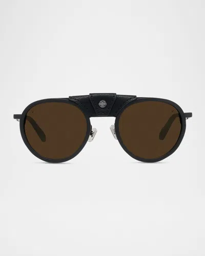 Vuarnet Men's Glacier 02 Titanium Round Sunglasses With Side Shields And Cord In Black Brown