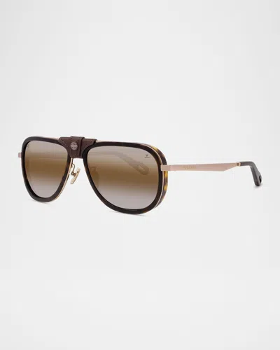 Vuarnet Men's Glacier 03 Titanium Aviator Sunglasses With Side Shields And Cord In Dark Havana Brown Mirror