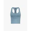 Vuori Womens Smoke Blue Heather Halo Performance Scoop-neck Cropped Stretch-recycled Polyester Top