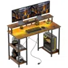 Vvor Computer Desk With Storage, 47" Reversible Computer Table With Power Outlets And Led Lights, Rustic 