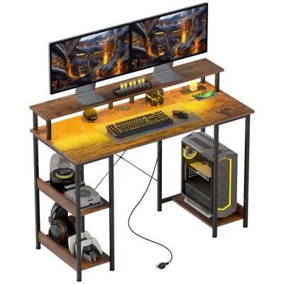 Vvor Computer Desk With Storage, 47" Reversible Computer Table With Power Outlets And Led Lights, Rustic 