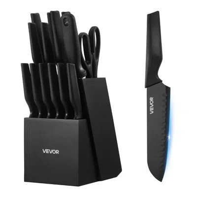 Vvor Kitchen Knife Set With Block And Sharpener, 15 Piece German High Carbon Stainless Steel Knife Set, K In Black