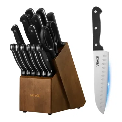 Vvor Kitchen Knife Set With Block And Sharpener, 15 Piece German High Carbon Stainless Steel Knife Set, K In Black
