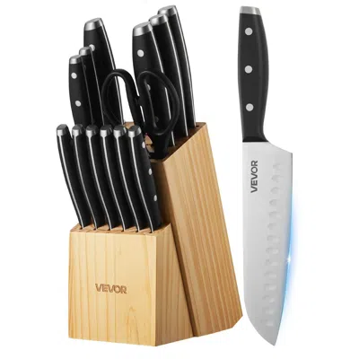 Vvor Kitchen Knife Set With Block And Sharpener, 15 Piece High Carbon Stainless Steel Sharp Knife Set, Ki In Black