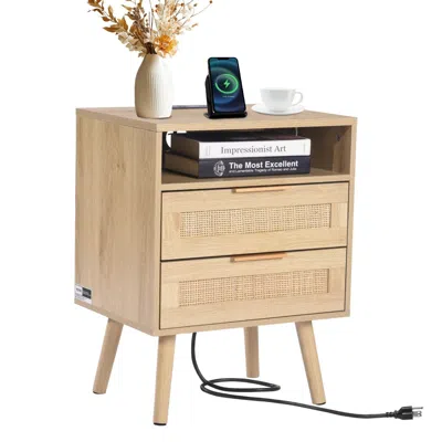 Vvor Rattan Nightstand, Boho Bedside Table With Open Shelf 2 Drawers, Rattan End Table Nightstand With So