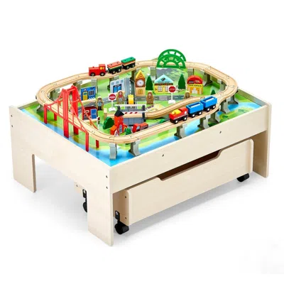 Vvor Train Table, 100 Multicolor Pieces Wooden Kids Activity Table With Rolling Storage Drawer, 3-in-1 Wo