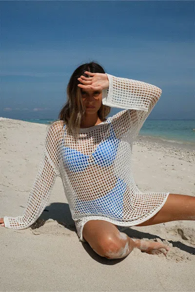 Vyb Women's White Crochet Long Sleeve Tunic Dress