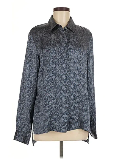 Pre-owned W By Worth Long Sleeve Silk Top Gray Print Pattern Collared Neckline Tops