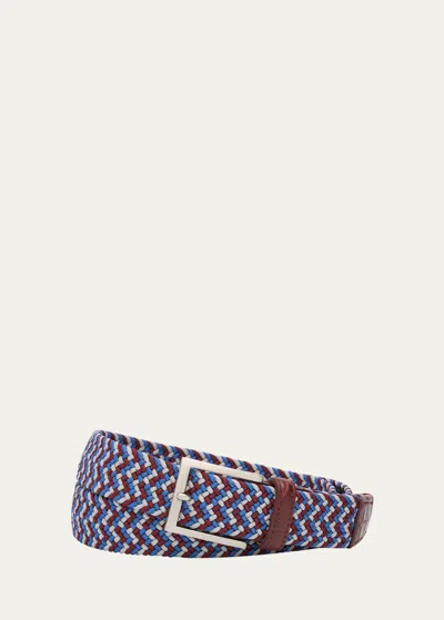 W. Kleinberg Men's Stretch Woven Belt With Alligator Trim In Cabernet