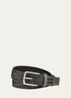 W. Kleinberg Men's Woven Leather Stretch Belt With Crocodile Trim In Slate